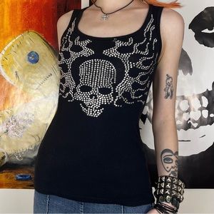 Skull and Flames Rhinestone Tank Top / Size S
